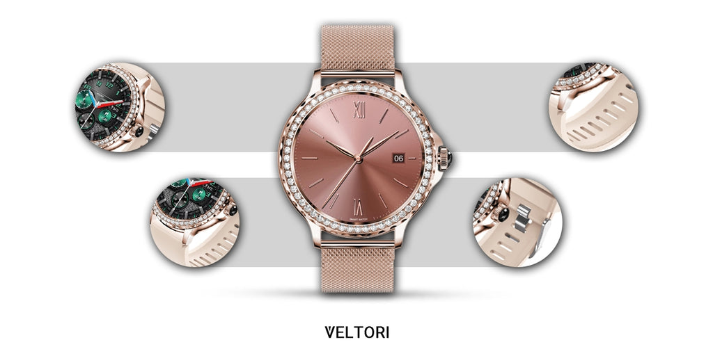 Smartwatch Damski VELTORI VT320-1 Złota Bransoleta + Różowy Pasek Silikonowy