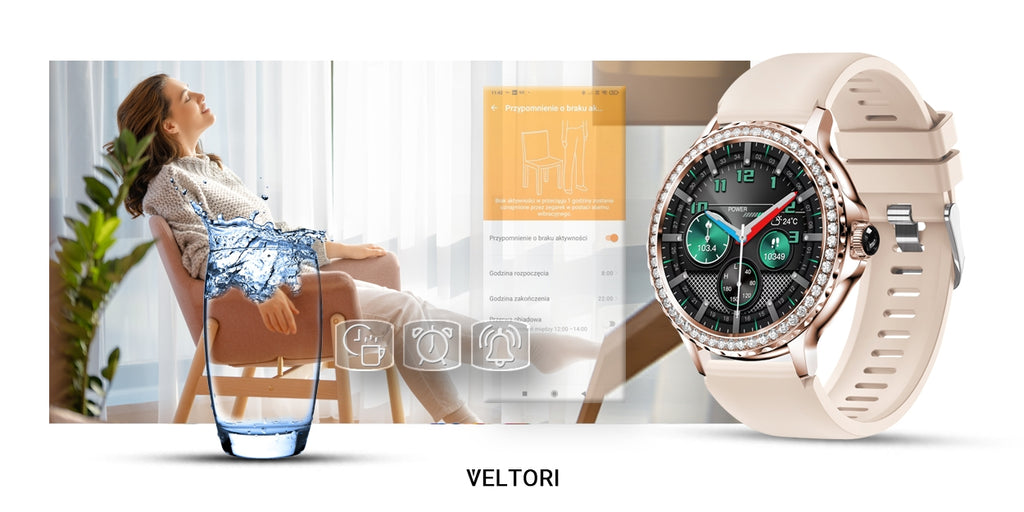 Smartwatch Damski VELTORI VT320-1 Złota Bransoleta + Różowy Pasek Silikonowy