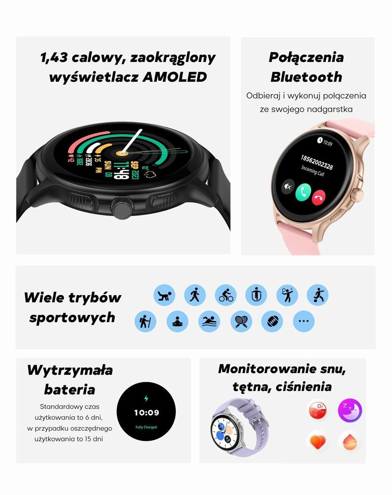 Smartwatch Damski GRAVITY GT12-2 Granatowy Pasek Silikonowy + Czarna Bransoleta