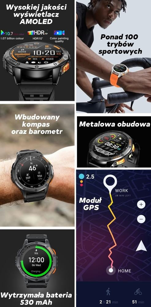 Smartwatch Męski GRAVITY GPS GT24-2 Czarny Pasek Silikonowy + Biały Pasek Silikonowy