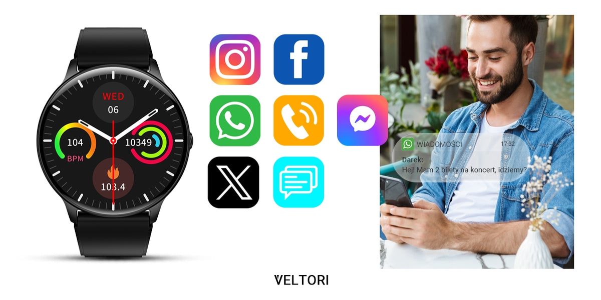 Smartwatch VELTORI VT160-1 Czarny Pasek Silikonowy