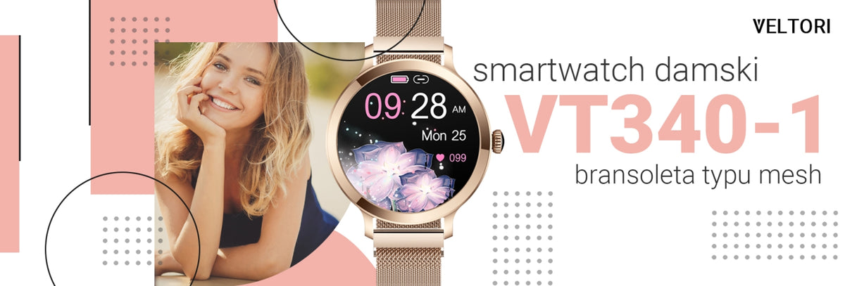 Smartwatch Damski VELTORI VT340-1 Złota Bransoleta + Różowy Pasek Silikonowy