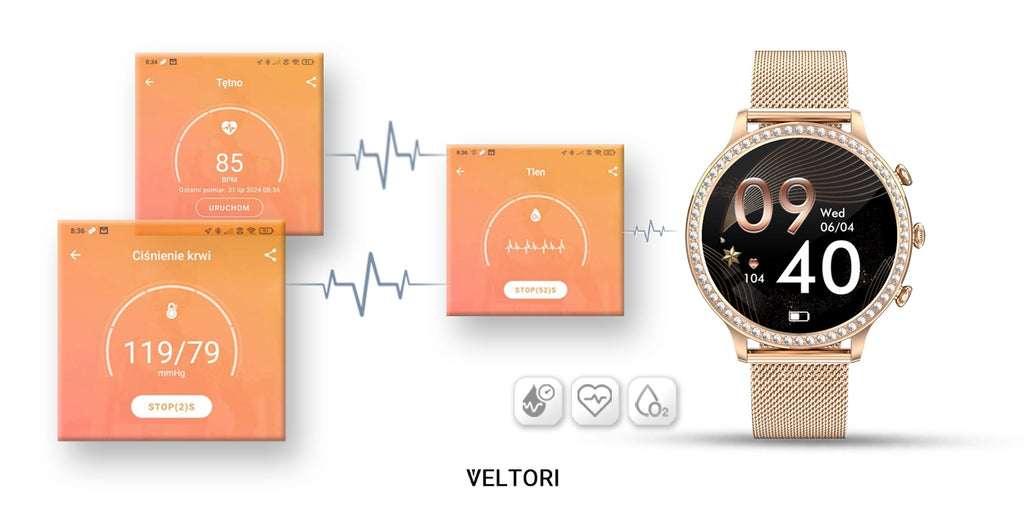 Smartwatch Damski VELTORI VT310-1 Złota Bransoleta + Różowy Pasek Silikonowy