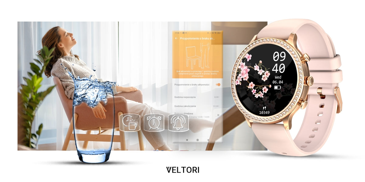 Smartwatch Damski VELTORI VT310-1 Złota Bransoleta + Różowy Pasek Silikonowy