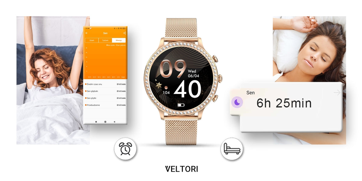 Smartwatch Damski VELTORI VT310-1 Złota Bransoleta + Różowy Pasek Silikonowy
