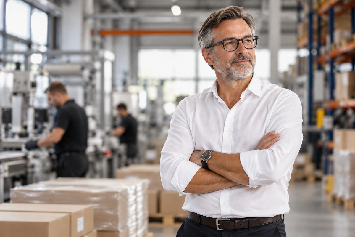 Właściciel firmy produkcyjnej w hali produkcyjnej